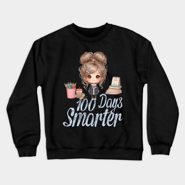 100 Days Smarter Girls Messy Bun Hair 100th Day Of School Crewneck Sweatshirt by click2print